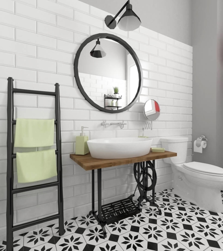 white bathroom with black and white patterned floor